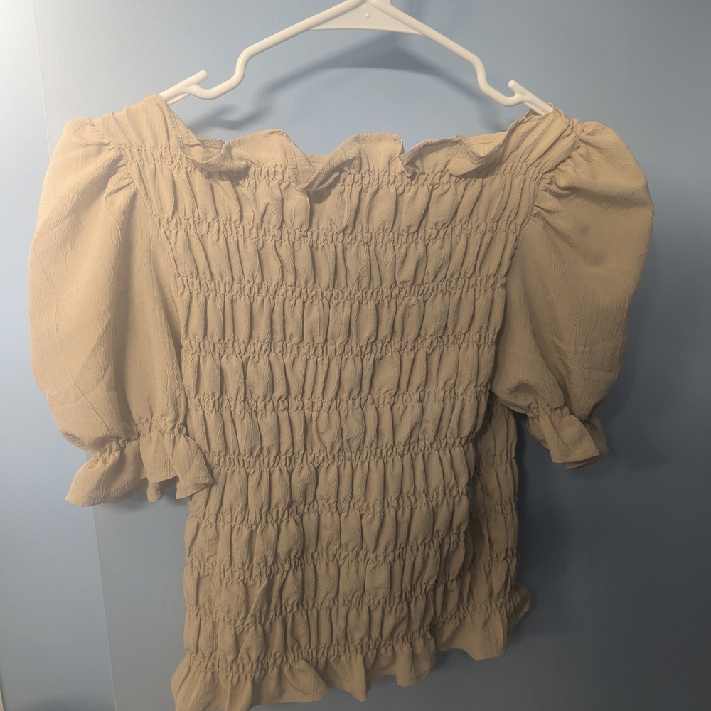 H&M Tan and Cream Smocked Puff Sleeve Blouse